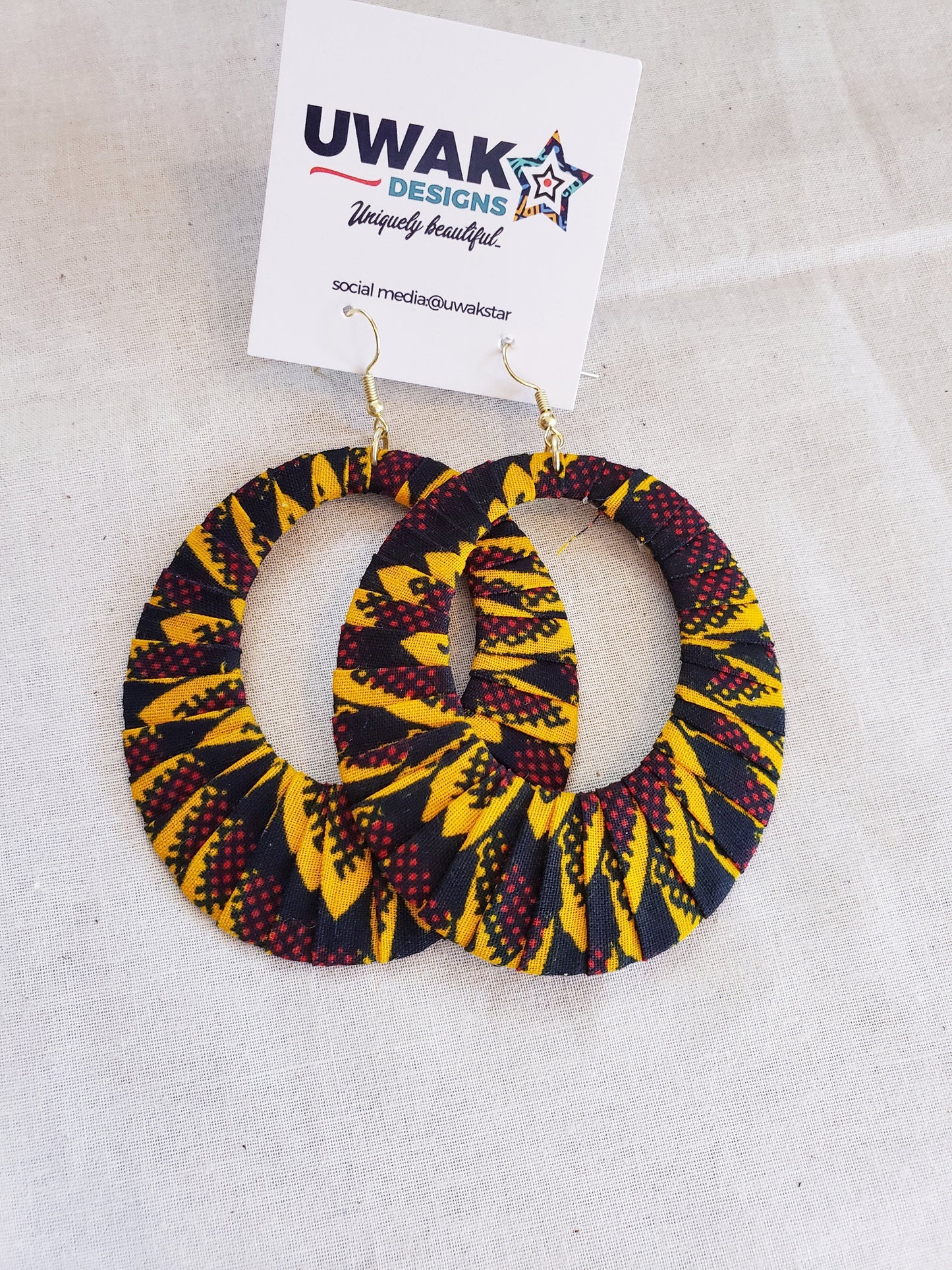 Yellow, Black, Maroon, Ankara Hoop Earrings, large, African print, vibrant.
