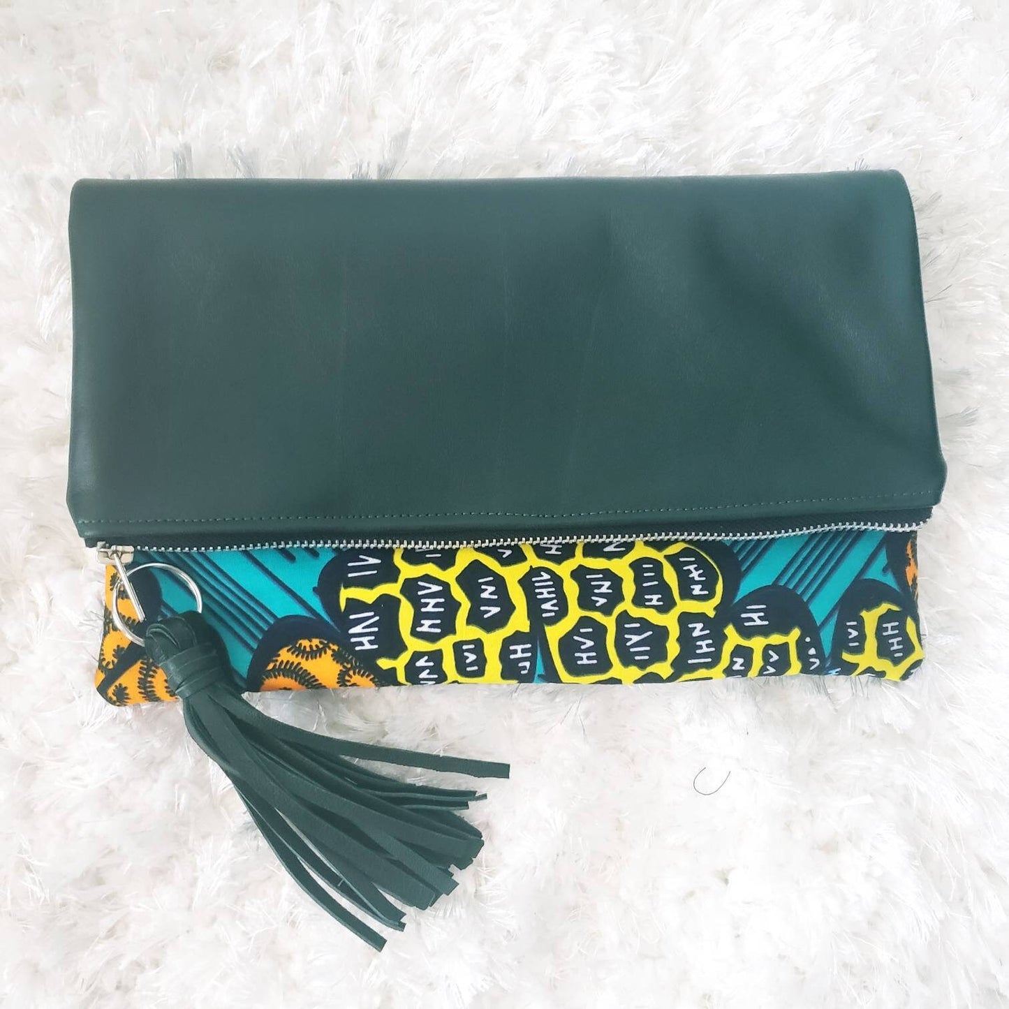 Reversible Ankara, African Print Foldover Clutch Purse, evening bag, casual bag, green, genuine leather, gift for her, perfect gift.