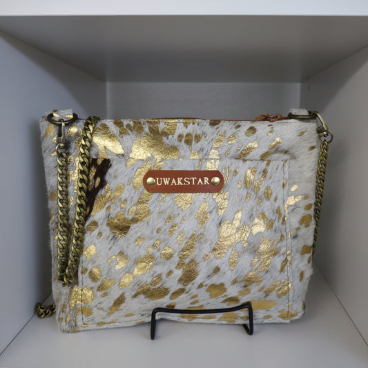 Acid-wash Crossbody Leather Bag for Women- Gold/White