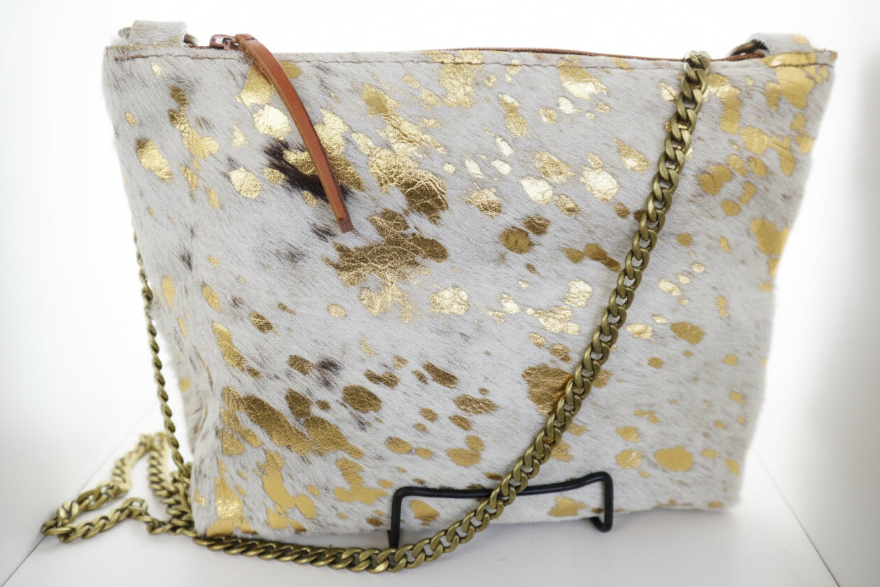 Acid-wash Crossbody Leather Bag for Women- Gold/White