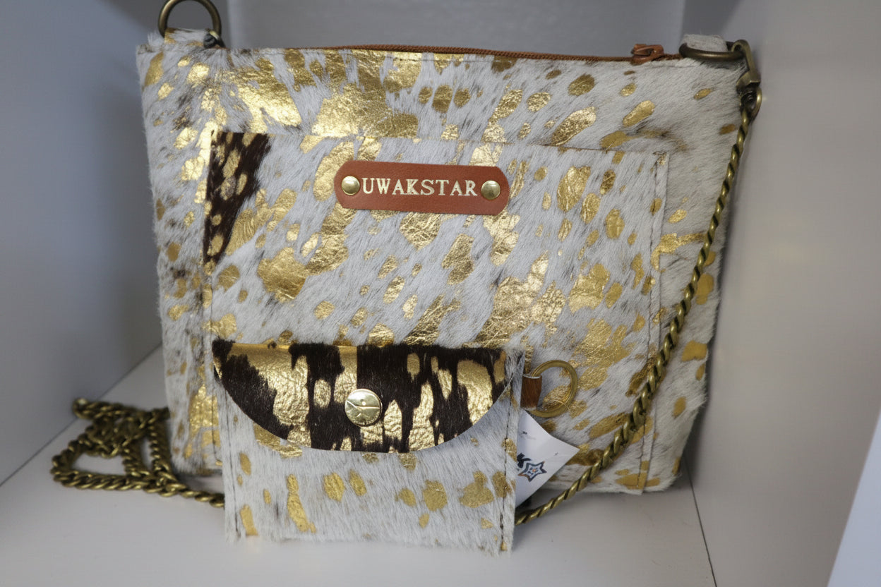 Acid-wash Crossbody Leather Bag for Women- Gold/White