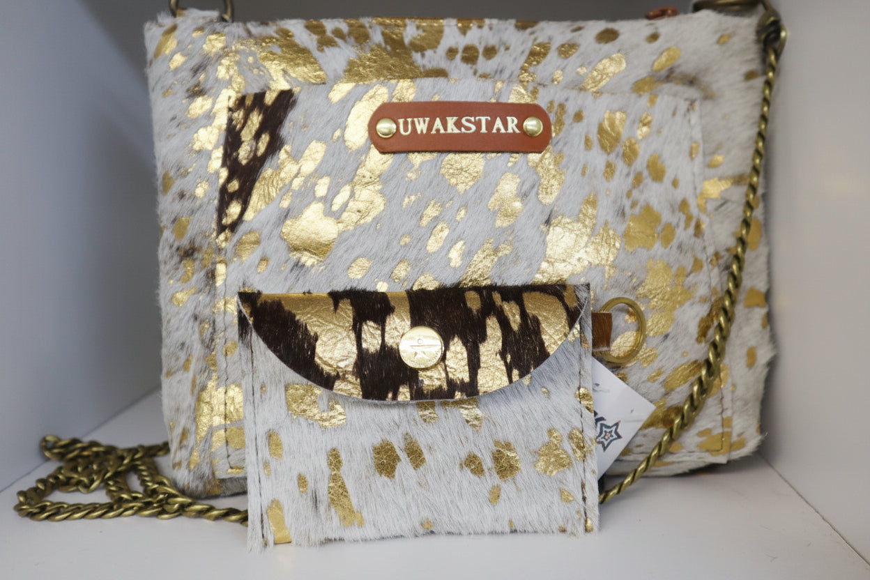 Acid-wash Crossbody Leather Bag for Women- Gold/White