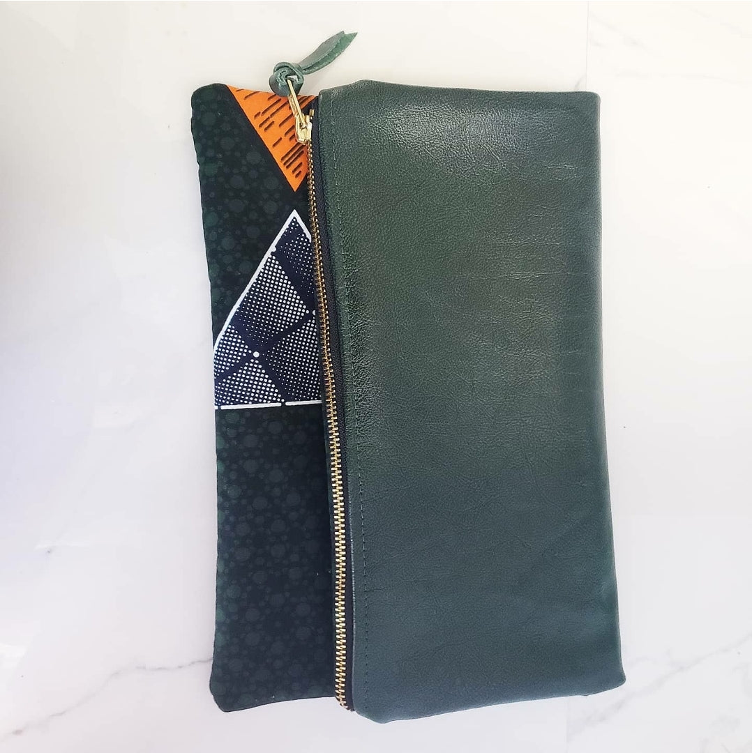 Reversible Ankara, African Print Foldover Clutch Purse, evening bag, casual bag, green, genuine leather, gift for her, perfect gift.