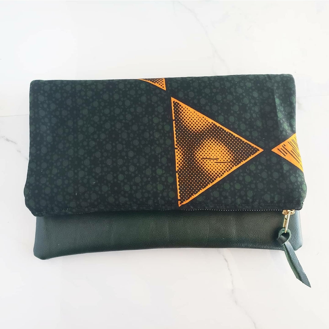 Reversible Ankara, African Print Foldover Clutch Purse, evening bag, casual bag, green, genuine leather, gift for her, perfect gift.
