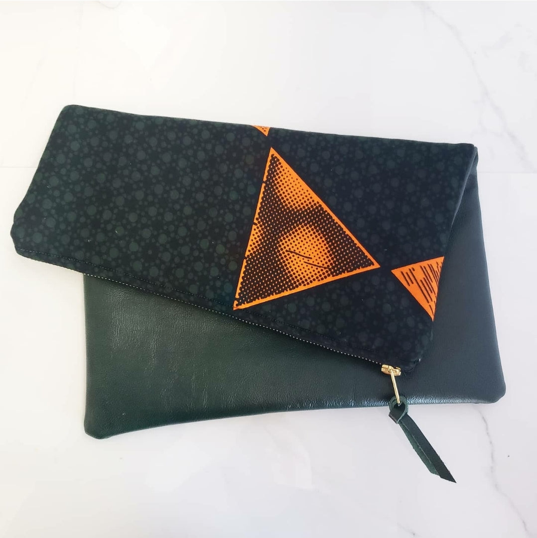 Reversible Ankara, African Print Foldover Clutch Purse, evening bag, casual bag, green, genuine leather, gift for her, perfect gift.