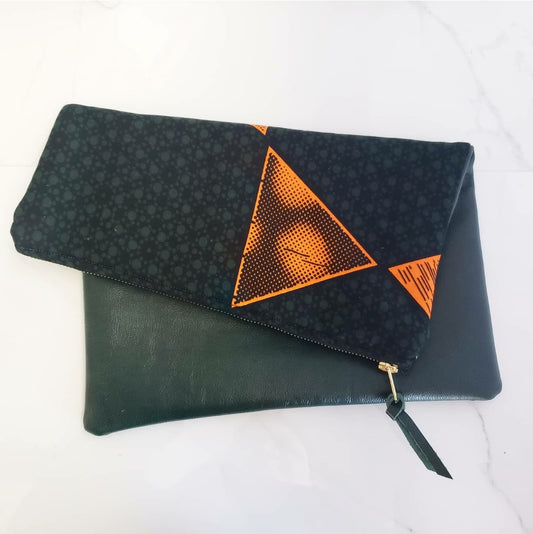Reversible Ankara, African Print Foldover Clutch Purse, evening bag, casual bag, green, genuine leather, gift for her, perfect gift.