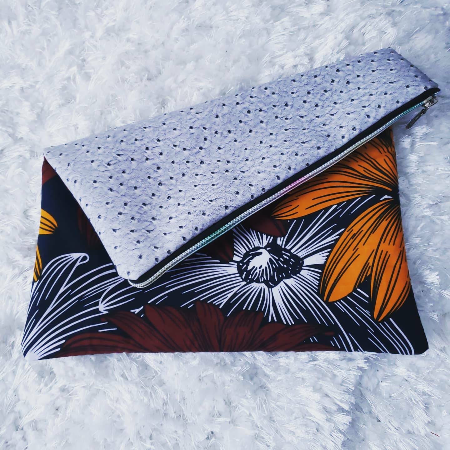 Reversible Ankara, African Print Foldover Clutch Purse, evening bag, casual bag, fashion bag, colorful cuteness, silver, vinyl.