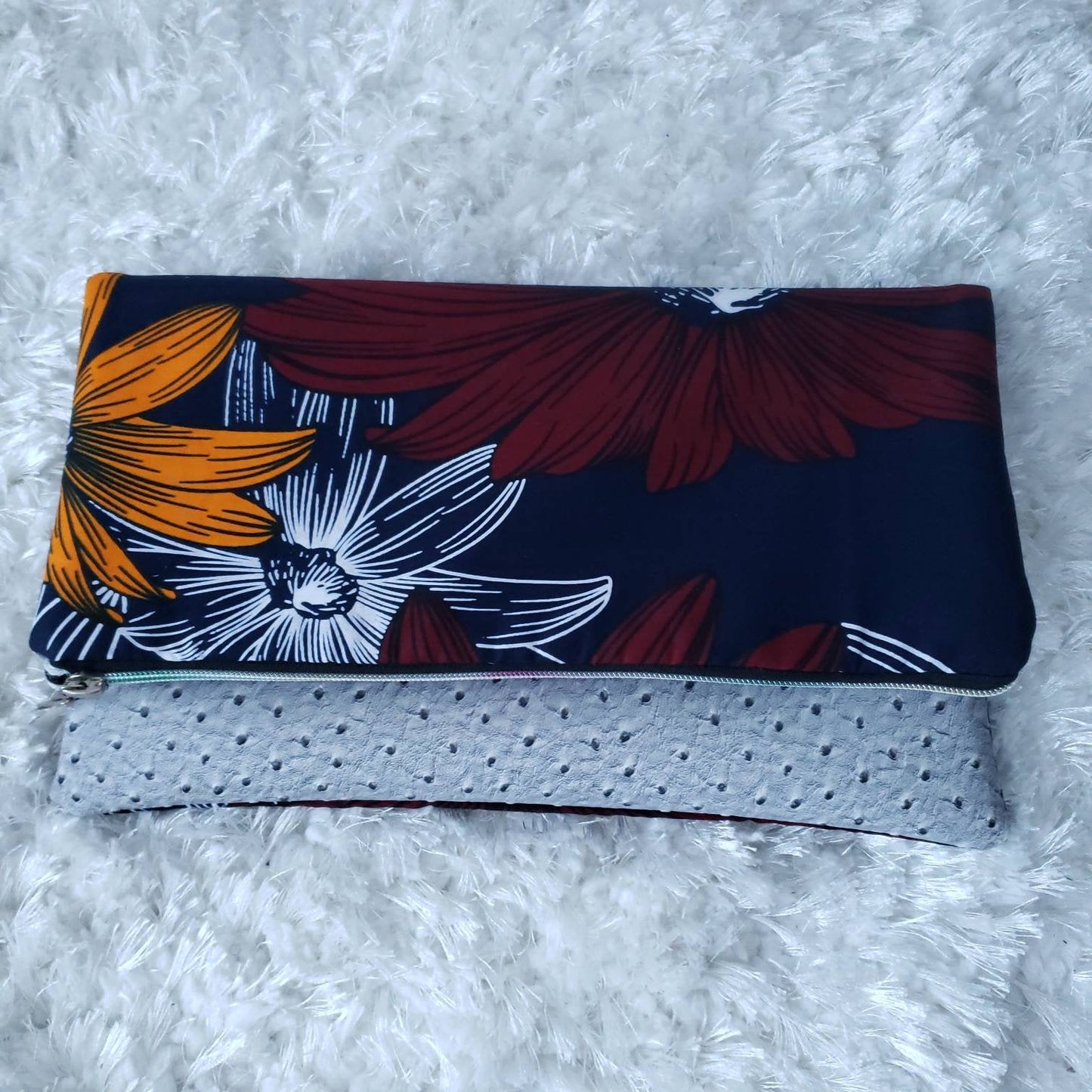Reversible Ankara, African Print Foldover Clutch Purse, evening bag, casual bag, fashion bag, colorful cuteness, silver, vinyl.
