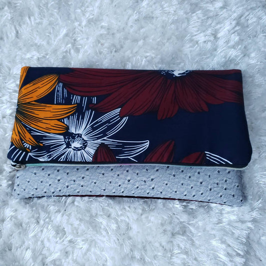 Reversible Ankara, African Print Foldover Clutch Purse, evening bag, casual bag, fashion bag, colorful cuteness, silver, vinyl.